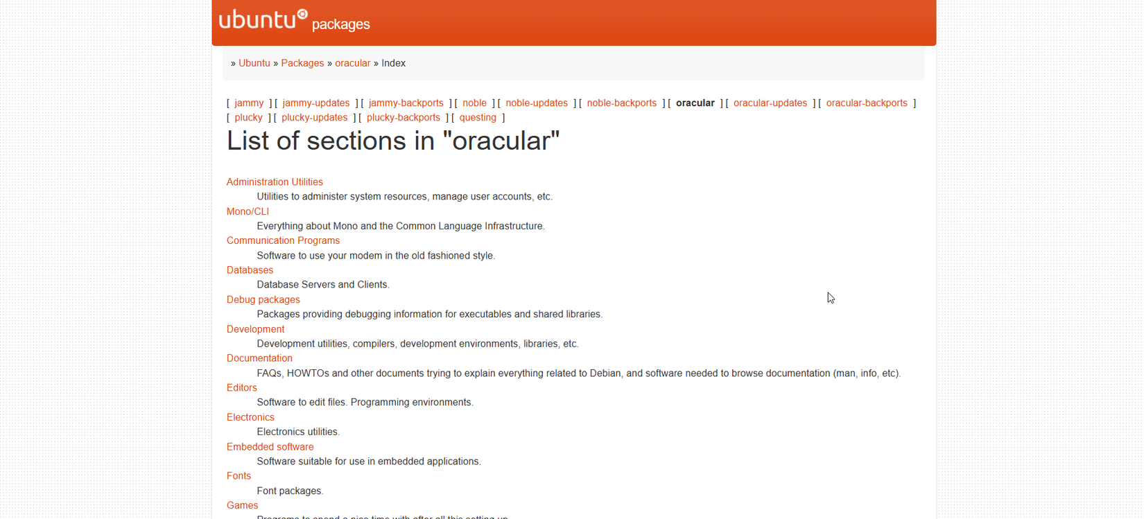 Ubuntu 24.04 (Oracular) package listing website.