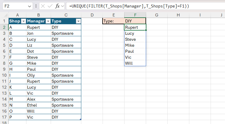 UNIQUE and FILTER used together in Excel to return all the names of DIY managers without any duplicates.
