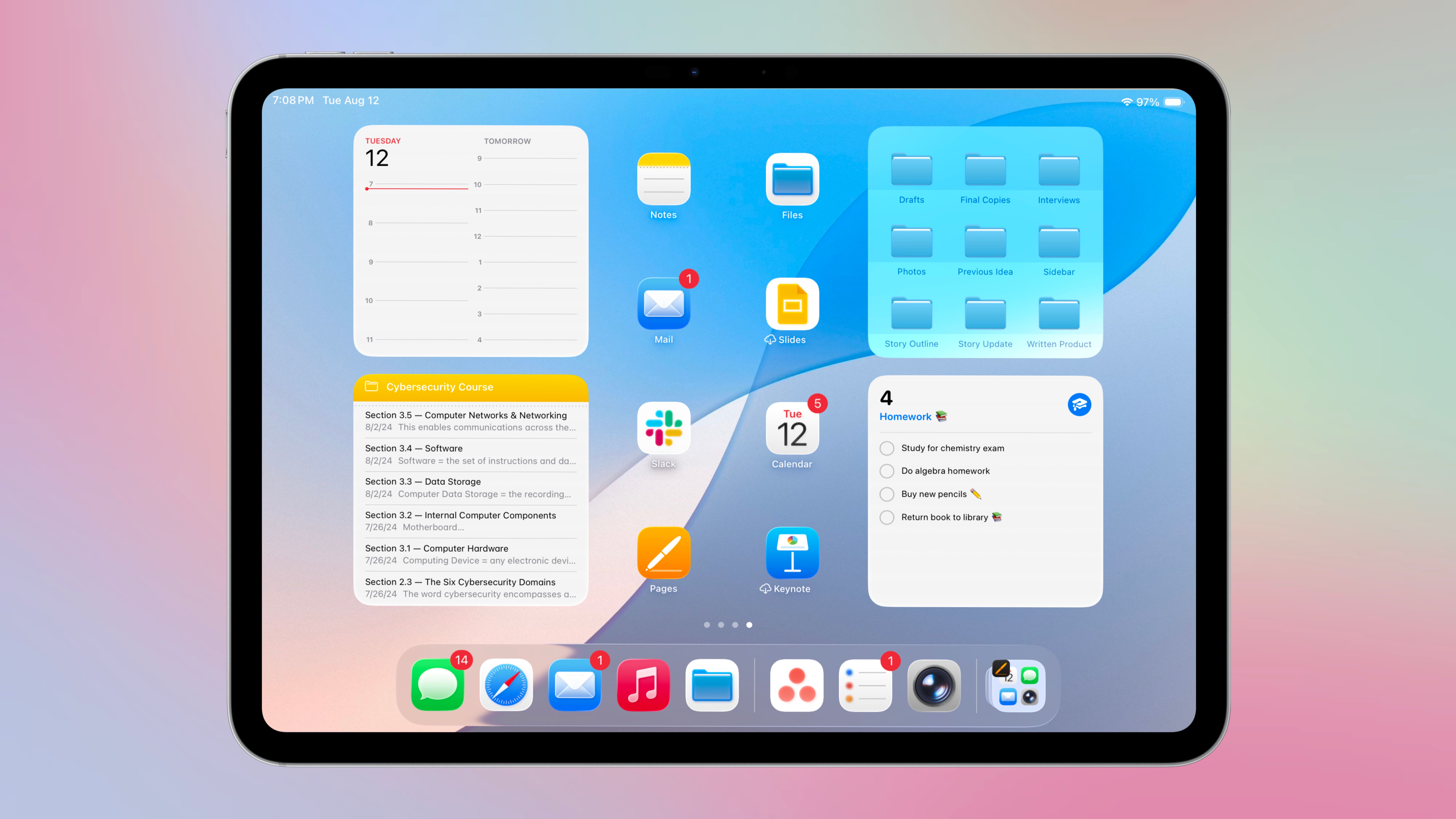 An iPad home screen with multiple app widgets to assist with schoolwork and assignments, including the apps themselves.