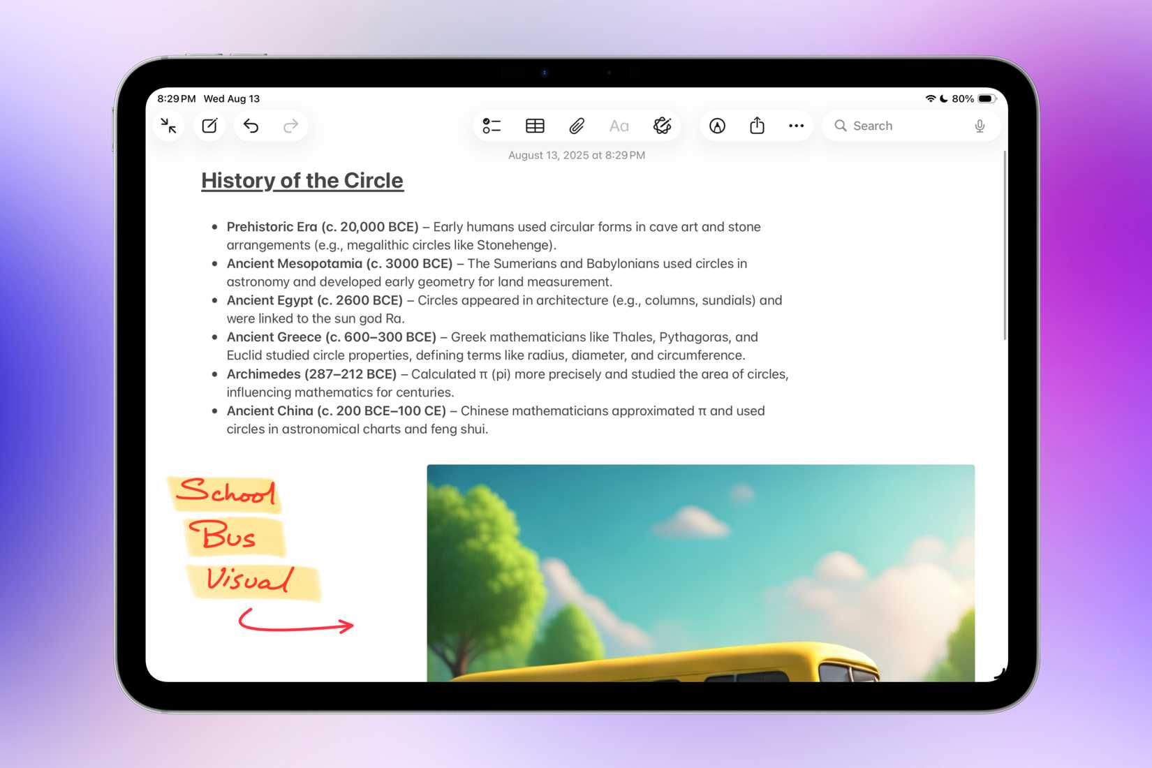 Apple note l'application sur iPad parlant de l'histoire du cercle, montrant une image, une écriture et une prise de notes fabriquées par Apple.