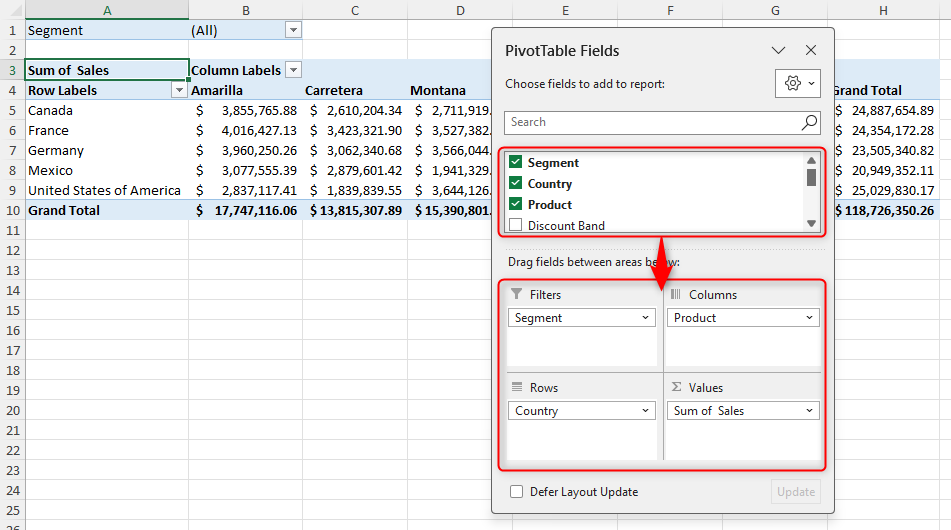 Various fields are clicked and dragged into the areas of the PivotTable Fields dialog box in Excel.