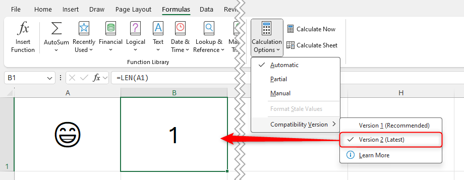 Version 2 of an Excel workbook is selected, and the LEN text function counts a Unicode character once.