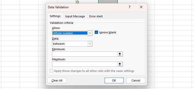 Whole Number is selected in the Allow field of Excel's Data Validation dialog box.