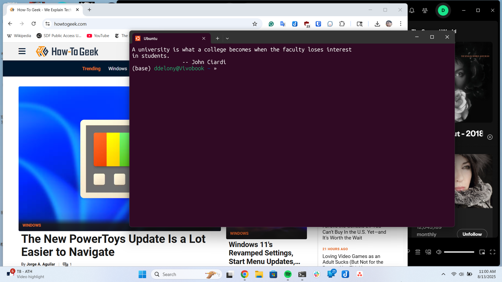 Windows desktop with Chrome, Spotify, and WSL Linux terminal window.