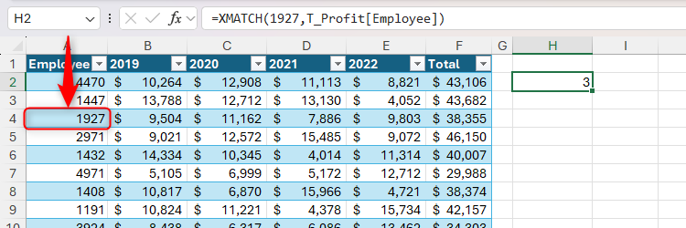 XMATCH being used in Excel to return the position of a value in a table column.