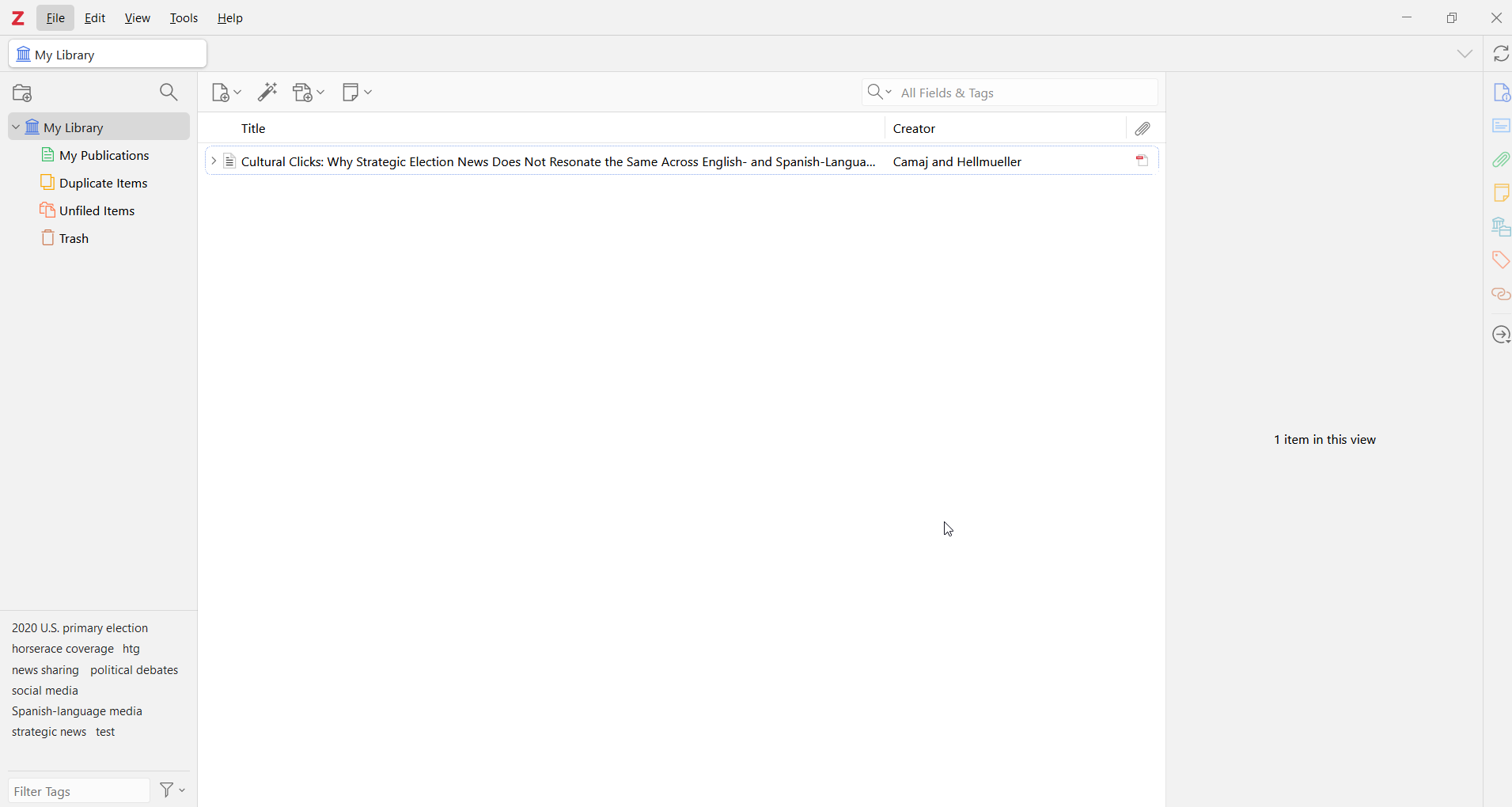 Zotero desktop window showing an electronic source.