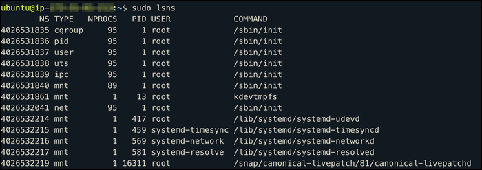 Use lsns command (ls-namespaces) to view the current namespaces
