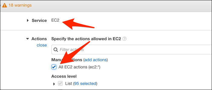 Select the ASW the service belongs to, then select &quot;All EC2 actions&quot; under the Actions tab.