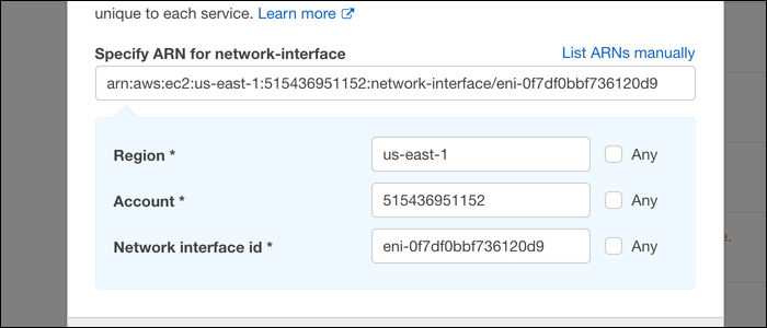 Select the region and general ID, which is viewable under is viewable under the &quot;Network Interfaces&quot; tab in the EC2 console. 