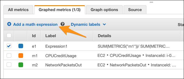 Select &quot;Graphed Metrics&quot; to add a button to add a composite metric, which is formed from a math expression.