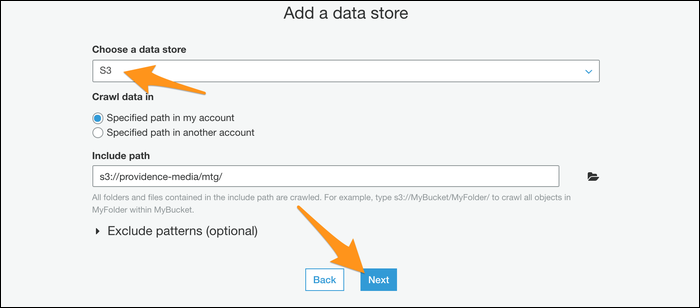 Choosing the data store to import data from into your crawler.