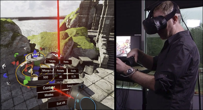A VR headset enables you to build levels with your hands in 3D space.