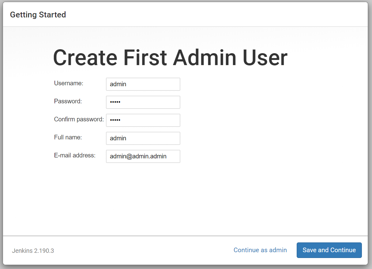 Set up your first Jenkins admin user.