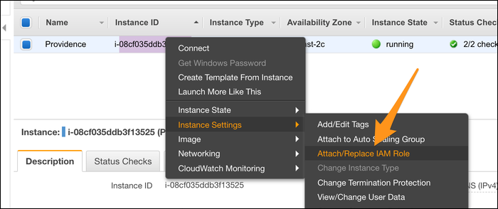 Adding a role to an instance from the EC2 Management Console.