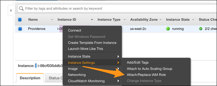 instance settings &gt; attach/replace IAM role