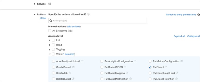 Enabling the &quot;PutObject&quot; permission, which permits PUT requests to be made.