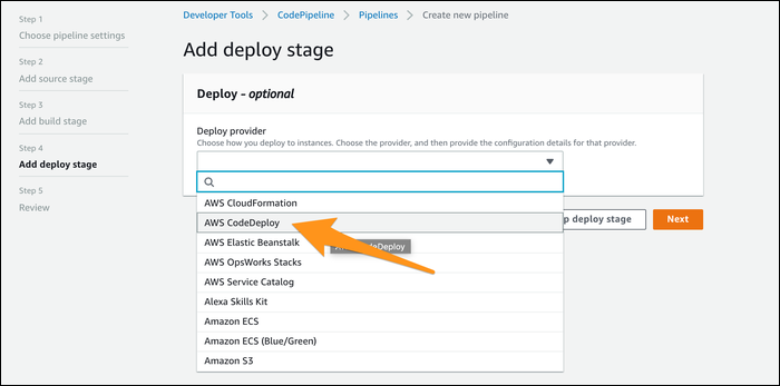 Under Developer Tools, CodePipeline, Pipelines, choose CodeDeploy to add a deploy stage.