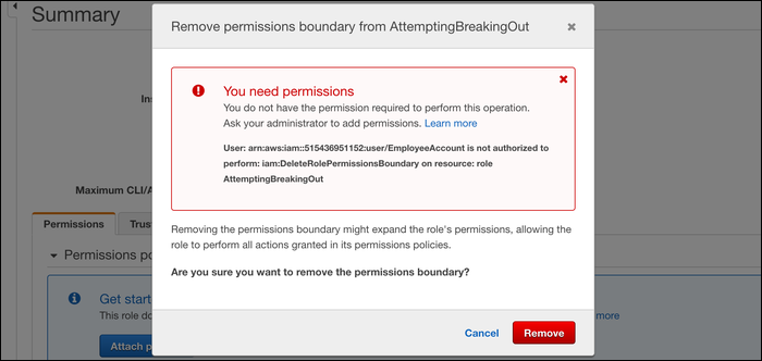 The error received when you don't have permission to edit permission boundaries on roles.