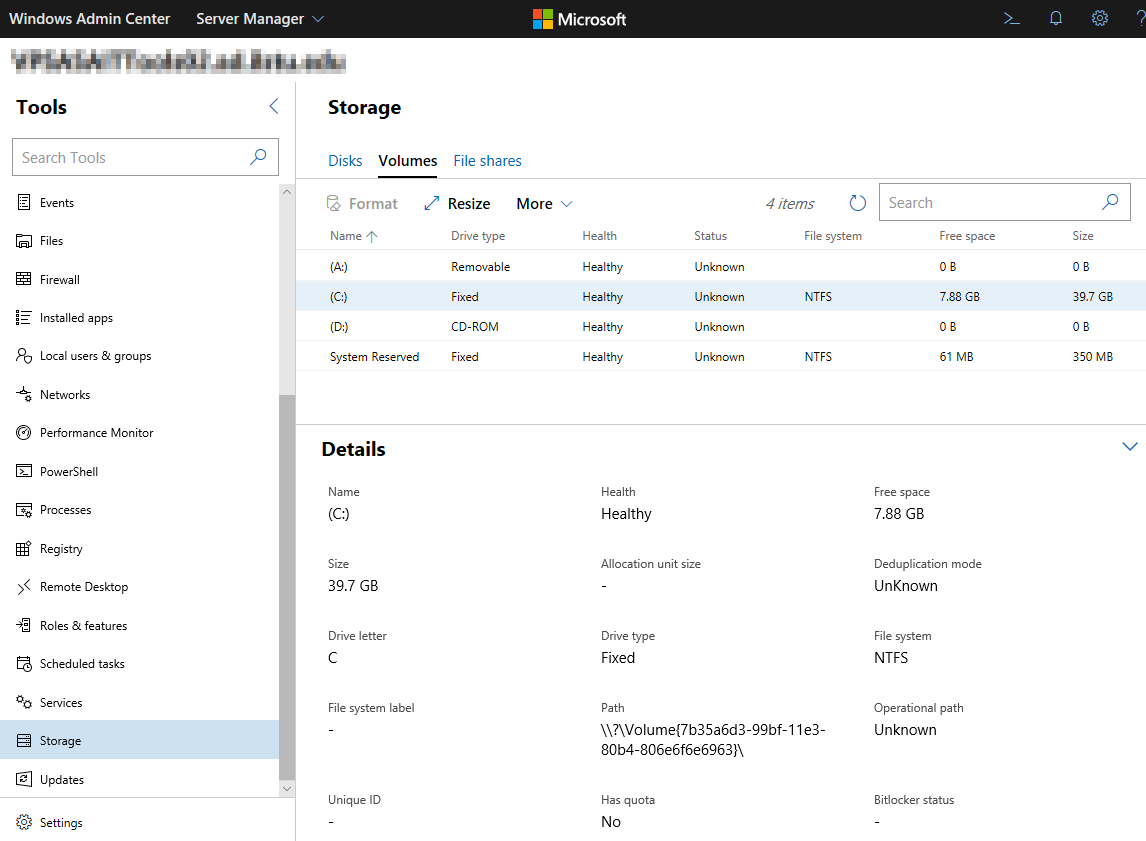 Modify disk space in Storage.