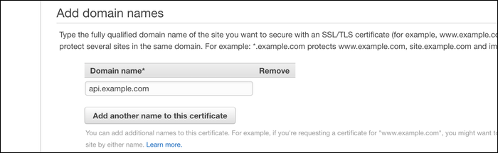 Add the domain name you want to secure for an SSL/TSL certificate here.