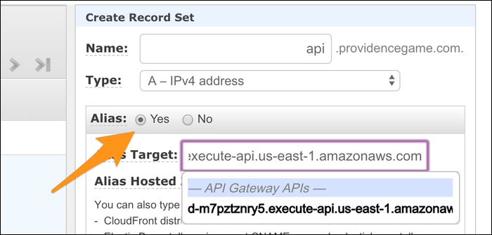 To create a record set, simply select the API from the dropdown list, and click create.