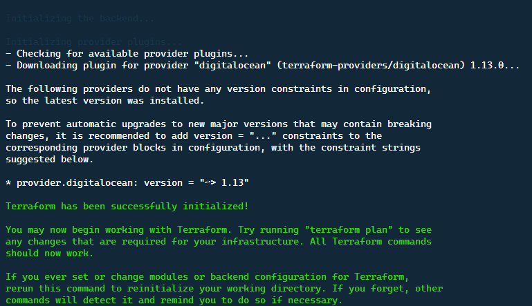 Run terraform init code, and it will now create our Terraform metadata and install providers.