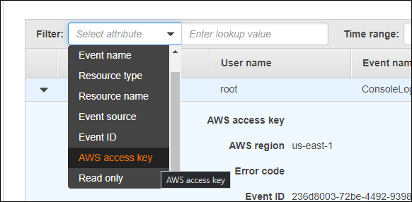 Filter by username, AWS access key, or another factor 
