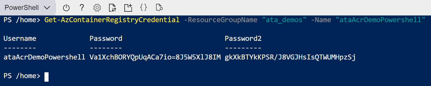 Use the Get-AzContainerRegistryCredential cmdlet to get the login credentials.
