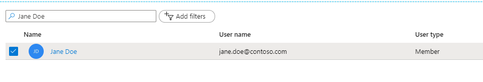 The newly created user in the Azure Active Directory Console.