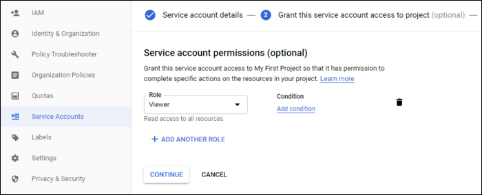 add roles for service account