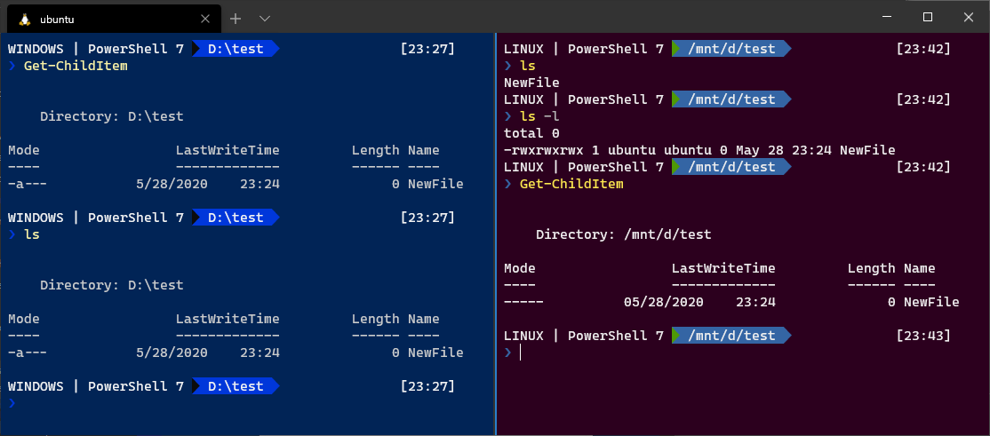 ls and Get-ChildItem running on Windows 10 vs Ubuntu Linux