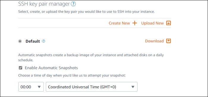 add SSH keys , turn on Automatic Snapshots.