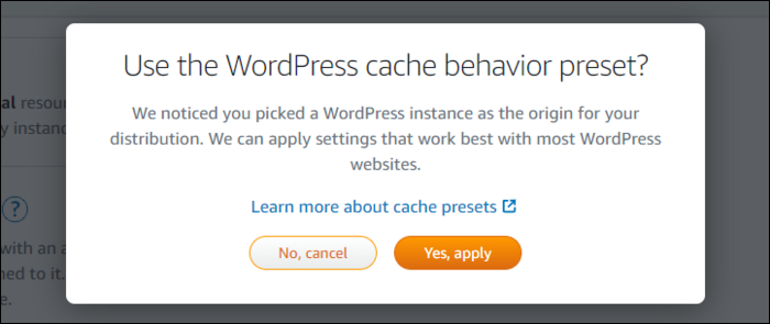 Different preset options for cache behavior.