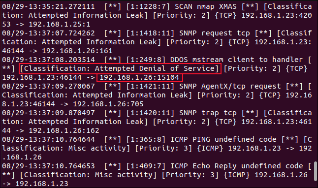 Suspicious and malicious activity detected and flagged by Snort in a terminal window