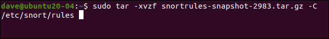 sudo tar -xvzf snortrules-snapshot-2983.tar.gc -C /etc/snort/rules  in a terminal window