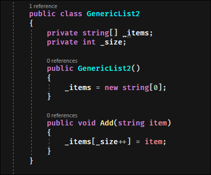 A class that doesn't use any parameters is defined with no brackets.