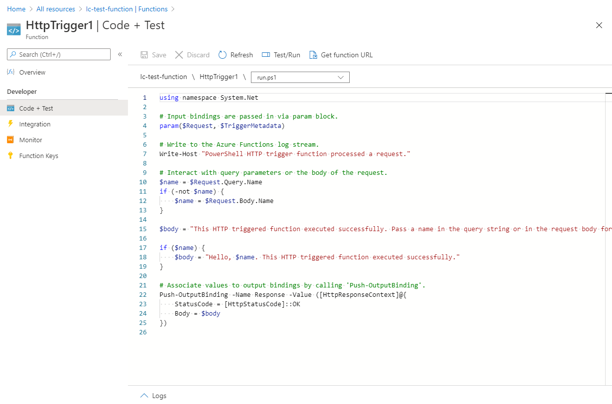 Click on the function HttpTrigger1, then click on the &quot;Code + Test&quot; section