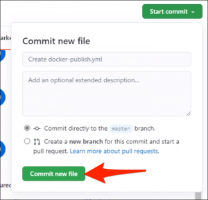 Click &quot;Start Commit&quot; to push the new file to the repository.