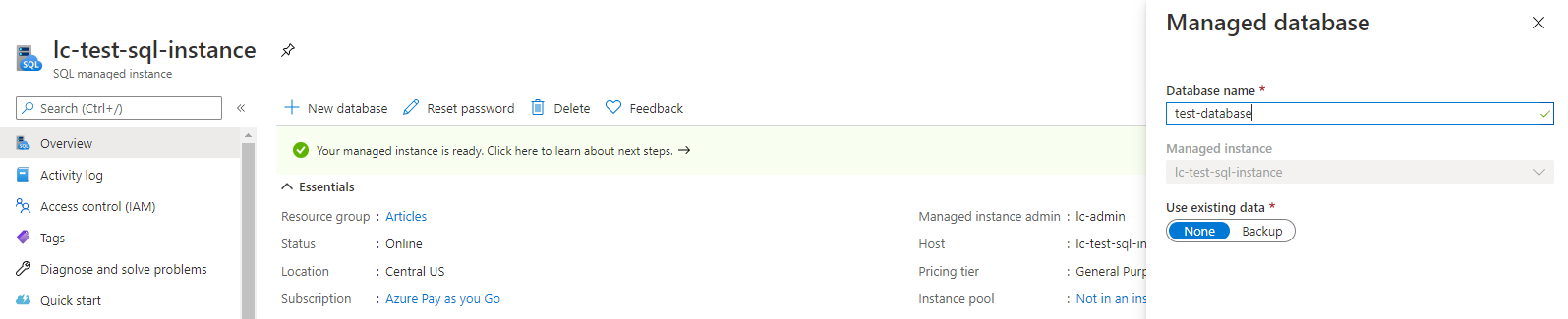 Provide a name and click on &quot;Create&quot; to create a database.