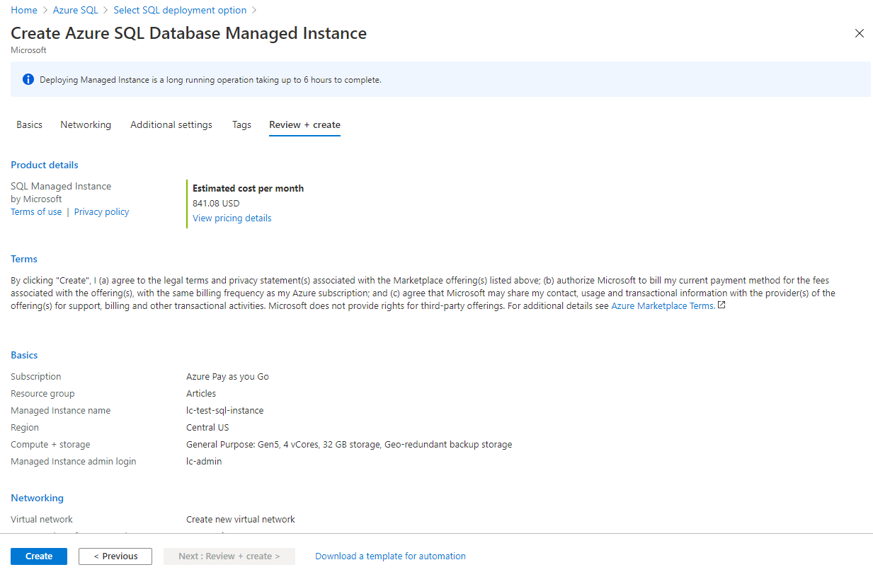 Create the SQL managed instance.