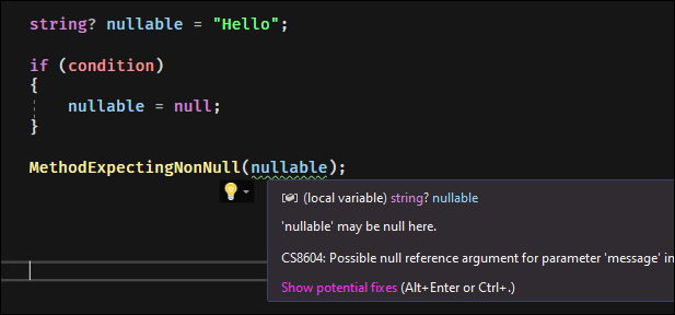 If you convert non-nullable reference types to non-null without checking, you'll get an error.