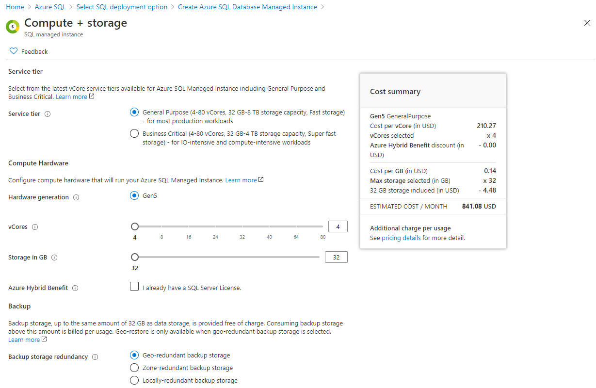 Choose the service tier type and compute hardware.