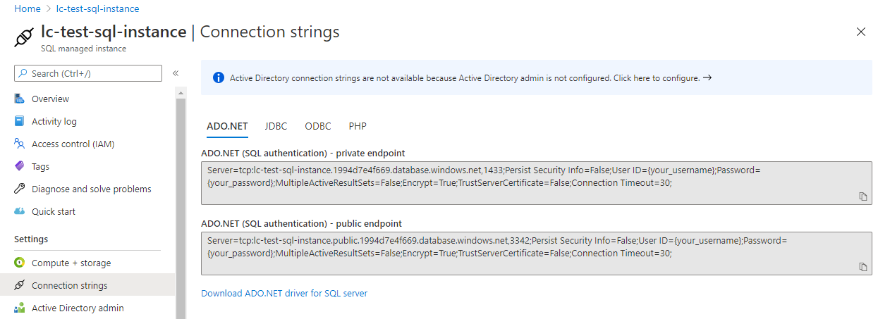 In the ADO.NET section, the second section has the public endpoint.