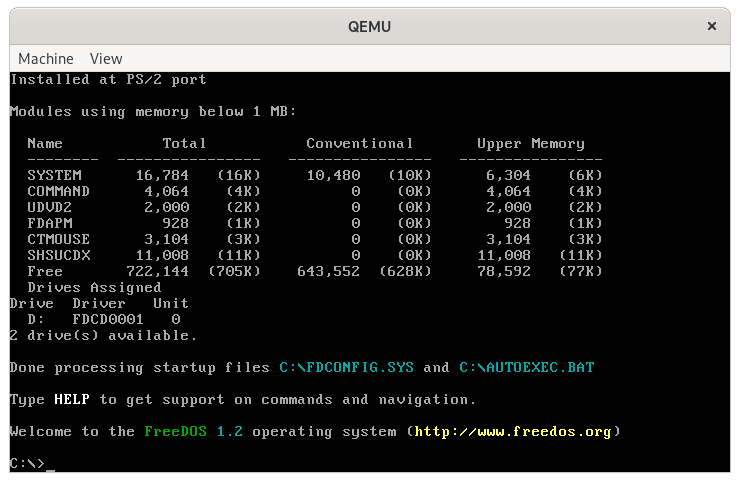 Running FreeDOS 1.2 in QEMU