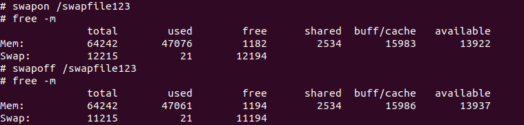 free -m showing how swap space decreases when we deactivate it