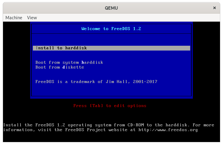 Booting the FreeDOS 1.2 installer in QEMU