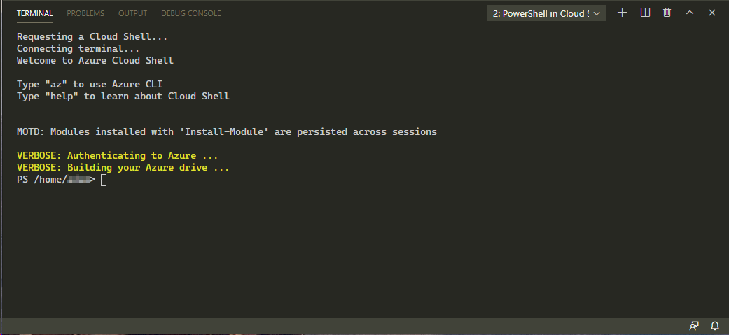  Once you have authenticated, the PowerShell terminal is available to you.