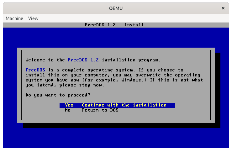 Starting the FreeDOS 1.2 installer in QEMU