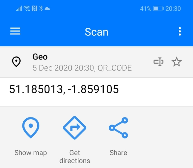 Scan results for a location QR code