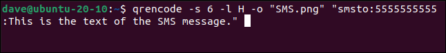 qrencode -s 6 -l H -o &quot;SMS.png&quot; &quot;smsto:5555555555,This is the text of the SMS message.&quot; in a terminal window